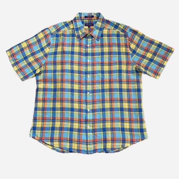 Alan Flusser Linen Blend Colorful Plaid Short Sleeve Camp Shirt Men's XL - Picture 7 of 7